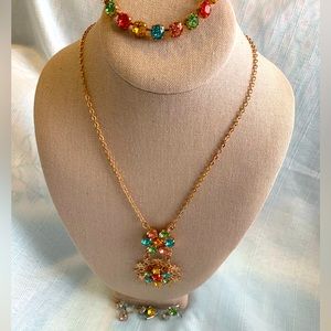 Swarovski Crystals Necklace Bracelet Earrings Green Pink Yellow Copper Chain